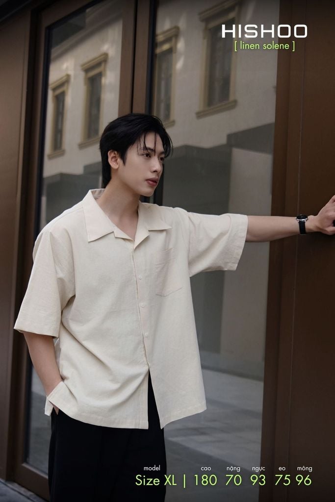 Áo Sơ Mi Nam Kem Relax Form Rộng, Cổ Danton, Lai Ngang Linen Solene Vải Mềm Mát HISHOO A1T004