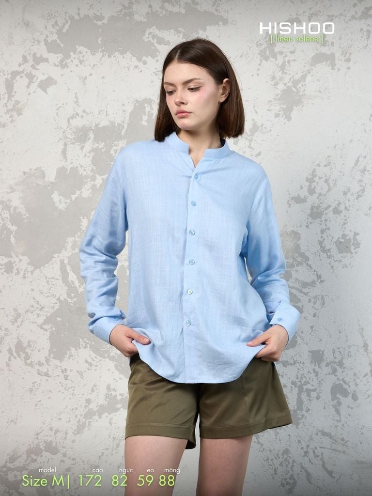 Áo Sơ Mi Tay Dài Nữ Relax Form Rộng, Cổ Tàu Vuông, Lai Ngang Linen Solene Vải Mềm Mát HISHOO A2G002