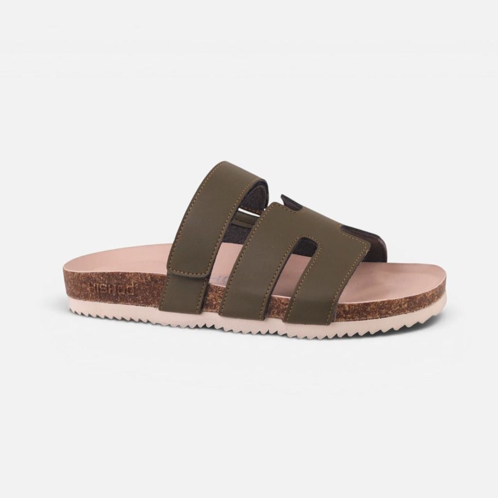 Dép đế trấu birken Xanh Olive Chữ H Sandal quai ngang bản premium HISHOO B104