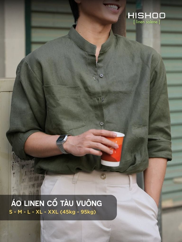 Áo Sơ Mi Nam Rêu Tay Dài Relax Form Rộng, Cổ Tàu Vuông, Lai Ngang Linen Solene Vải Mềm Mát HISHOO A2T002