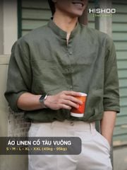 Áo Sơ Mi Nam Rêu Tay Dài Relax Form Rộng, Cổ Tàu Vuông, Lai Ngang Linen Solene Vải Mềm Mát HISHOO A2T002