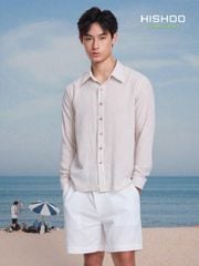 Áo Sơ Mi Trắng Sọc Nâu Nút Gỗ Tay Dài Nam Relax Form Rộng, Cổ Thường, Lai Ngang Linen Solene Vải Mềm Mát HISHOO A2T003