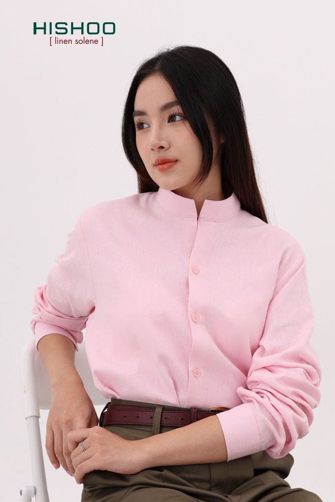 Áo Sơ Mi Tay Dài Nữ Relax Form Rộng, Cổ Tàu Vuông, Lai Ngang Linen Solene Vải Mềm Mát HISHOO A2G002