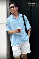 Áo Sơ Mi Nam Xanh Nhạt Relax Form Rộng, Cổ Thường, Lai Ngang Linen Solene Vải Mềm Mát HISHOO A1T003