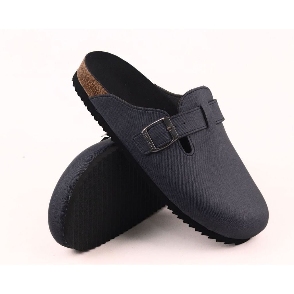 Dép đế trấu sục Boston quai ngang Xanh Dương da saffiano  HISHOO R109