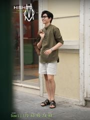 Áo Sơ Mi Nam Rêu Tay Dài Relax Form Rộng, Cổ Polo Tàu Vuông, Xẻ V Linen Solene Vải Mềm Mát HISHOO A3T002