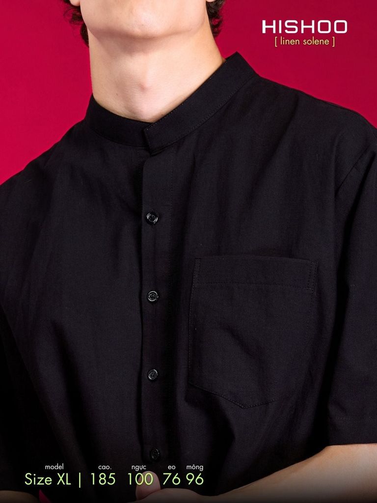 Áo Sơ Mi Đen Nam Relax Form Rộng, Cổ Tàu Vuông, Lai Ngang Linen Solene Vải Mềm Mát HISHOO A1T002