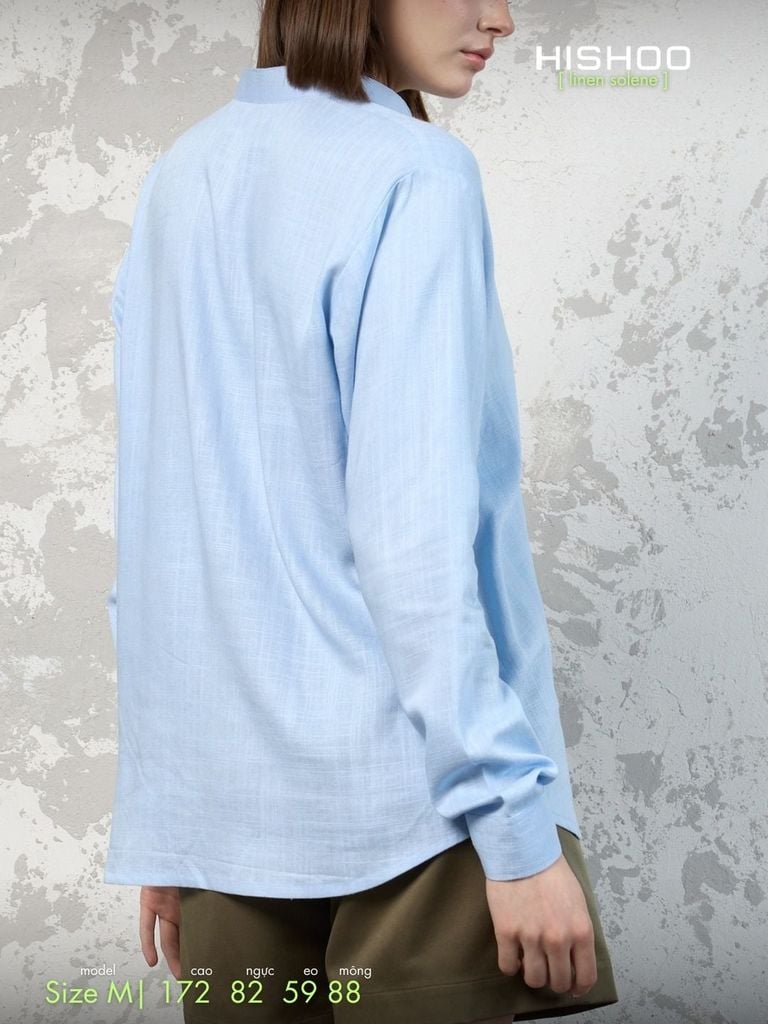 Áo Sơ Mi Tay Dài Nữ Xanh Nhạt Relax Form Rộng, Cổ Tàu Vuông, Lai Ngang Linen Solene Vải Mềm Mát HISHOO A2G002