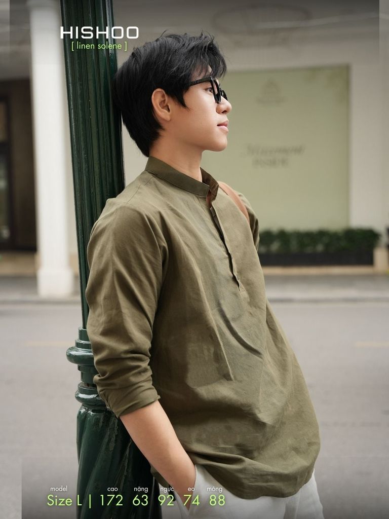 Áo Sơ Mi Nam Tay Dài Relax Form Rộng, Cổ Polo Tàu Vuông, Xẻ V Linen Solene Vải Mềm Mát HISHOO A3T002
