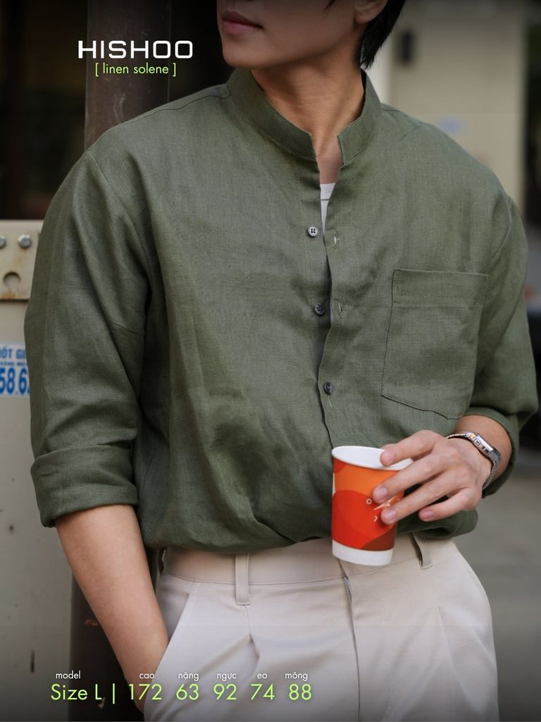 Áo Sơ Mi Nam Tay Dài Relax Form Rộng, Cổ Tàu Vuông, Lai Ngang Linen Solene Vải Mềm Mát HISHOO A2T002