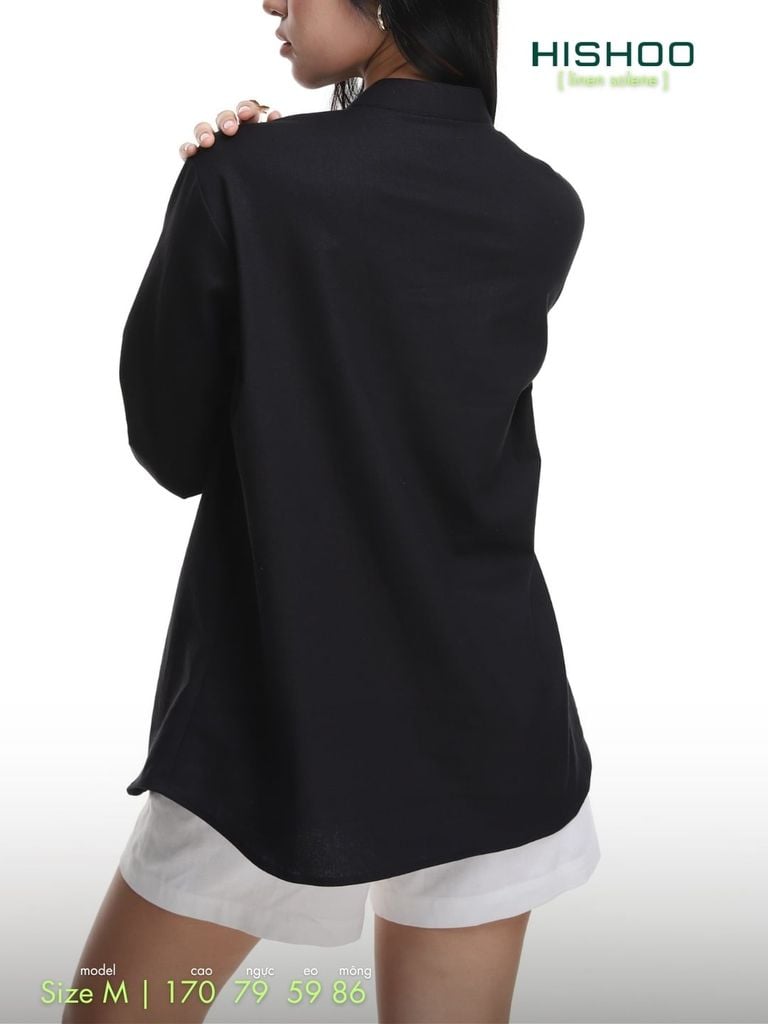 Áo Sơ Mi Đen Nữ Tay Dài Relax Form Rộng, Cổ Polo Tàu Vuông, Xẻ V Linen Solene Vải Mềm Mát HISHOO A3G002