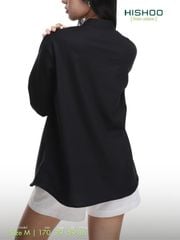 Áo Sơ Mi Đen Nữ Tay Dài Relax Form Rộng, Cổ Polo Tàu Vuông, Xẻ V Linen Solene Vải Mềm Mát HISHOO A3G002