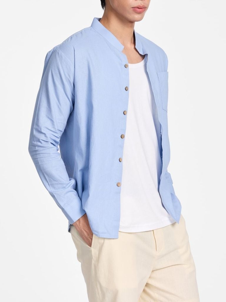 Áo Sơ Mi Nam Nút Gỗ Tay Dài Relax Form Rộng, Cổ Tàu Vuông, Lai Ngang Linen Solene Vải Mềm Mát HISHOO A2T002