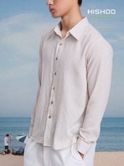 Áo Sơ Mi Trắng Sọc Nâu Nút Gỗ Tay Dài Nam Relax Form Rộng, Cổ Thường, Lai Ngang Linen Solene Vải Mềm Mát HISHOO A2T003