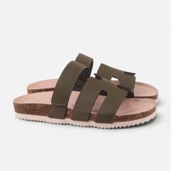 Dép đế trấu birken Xanh Olive Chữ H Sandal quai ngang bản premium HISHOO B104