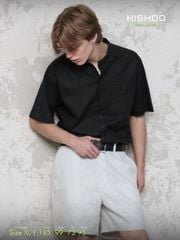Áo Sơ Mi Nam Đen Relax Form Rộng, Cổ Tàu Vuông, Lai Ngang Linen Solene Vải Mềm Mát HISHOO A1T002