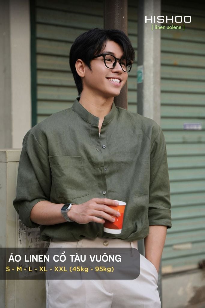Áo Sơ Mi Nam Rêu Tay Dài Relax Form Rộng, Cổ Tàu Vuông, Lai Ngang Linen Solene Vải Mềm Mát HISHOO A2T002