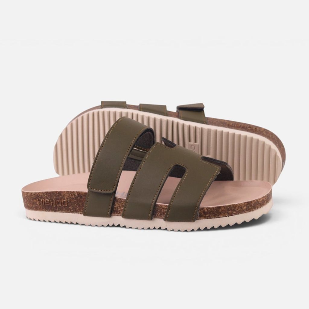 Dép đế trấu birken Xanh Olive Chữ H Sandal quai ngang bản premium HISHOO B104