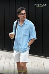 Áo Sơ Mi Nam Xanh Nhạt Relax Form Rộng, Cổ Thường, Lai Ngang Linen Solene Vải Mềm Mát HISHOO A1T003