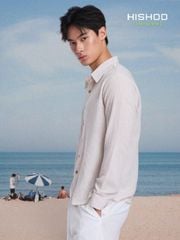 Áo Sơ Mi Trắng Sọc Nâu Nút Gỗ Tay Dài Nam Relax Form Rộng, Cổ Thường, Lai Ngang Linen Solene Vải Mềm Mát HISHOO A2T003