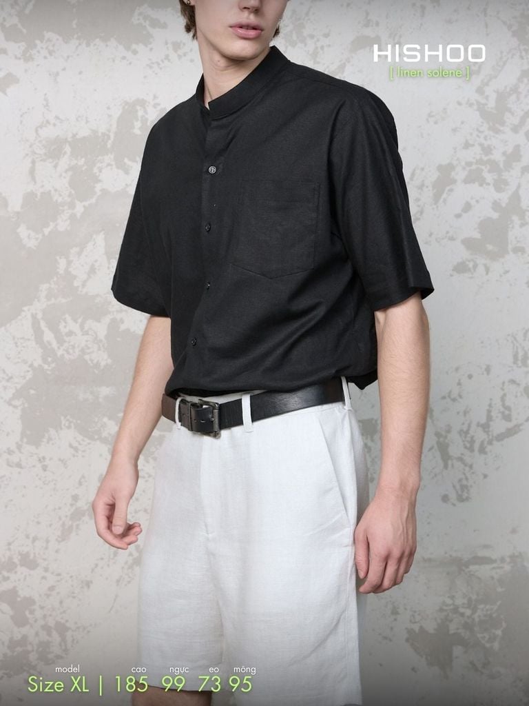 Áo Sơ Mi Nam Đen Relax Form Rộng, Cổ Tàu Vuông, Lai Ngang Linen Solene Vải Mềm Mát HISHOO A1T002