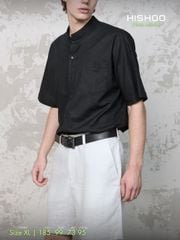 Áo Sơ Mi Nam Đen Relax Form Rộng, Cổ Tàu Vuông, Lai Ngang Linen Solene Vải Mềm Mát HISHOO A1T002