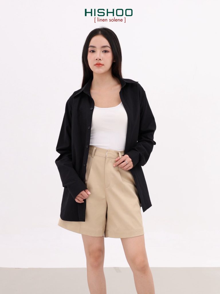 Quần kaki nữ lưng cao xếp li Hishoo short suông basic mặc đi chơi, đi làm HISHOO Q2G001