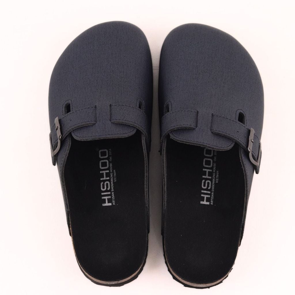 Dép đế trấu sục Boston quai ngang Xanh Dương da saffiano  HISHOO R109