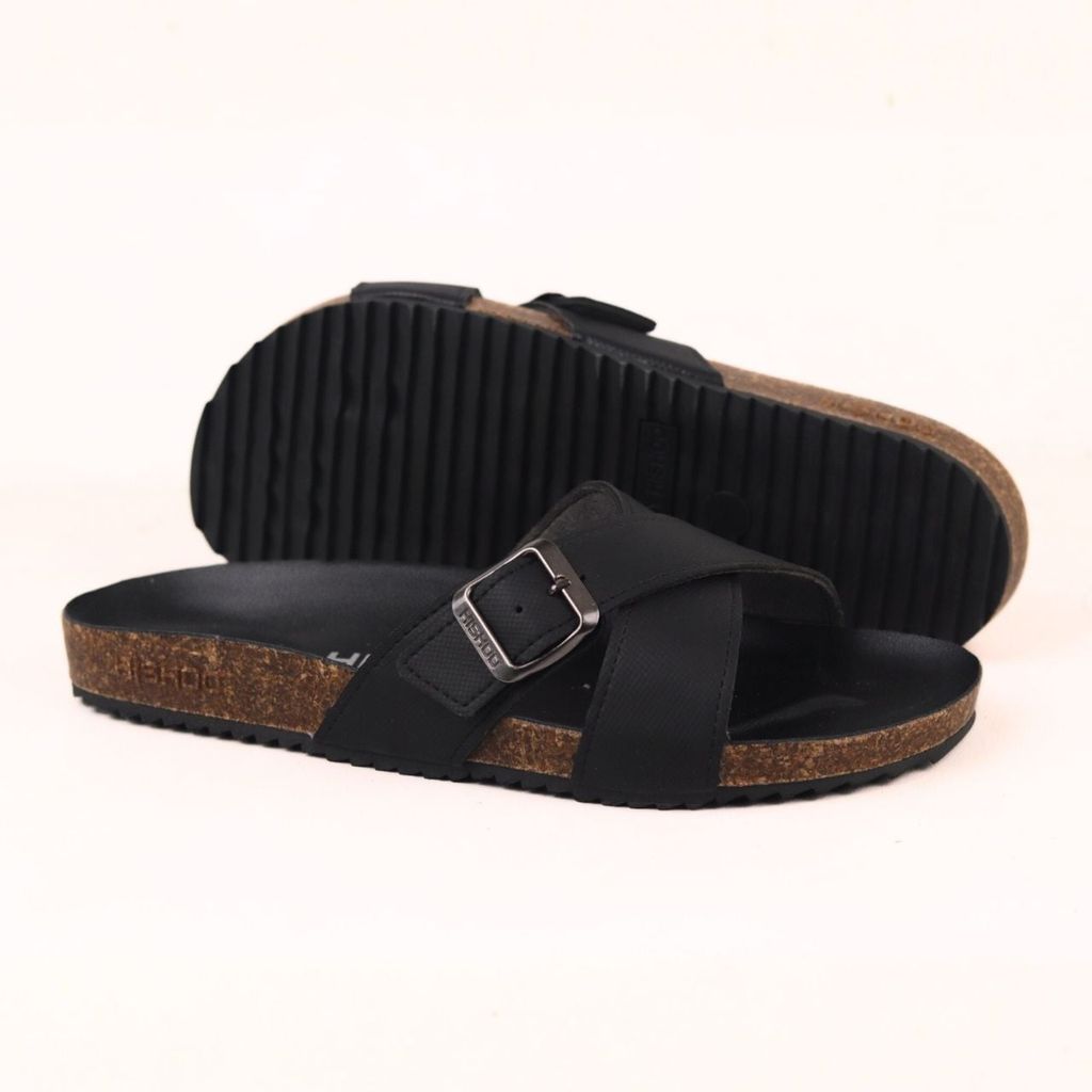 Dép đế trấu birken quai chéo [CÓ KHOÁ] MẶT ĐEN da SAFFIANO Hishoo M096