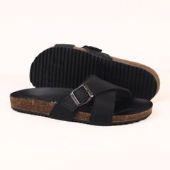 Dép đế trấu birken quai chéo [CÓ KHOÁ] MẶT ĐEN da SAFFIANO Hishoo M096