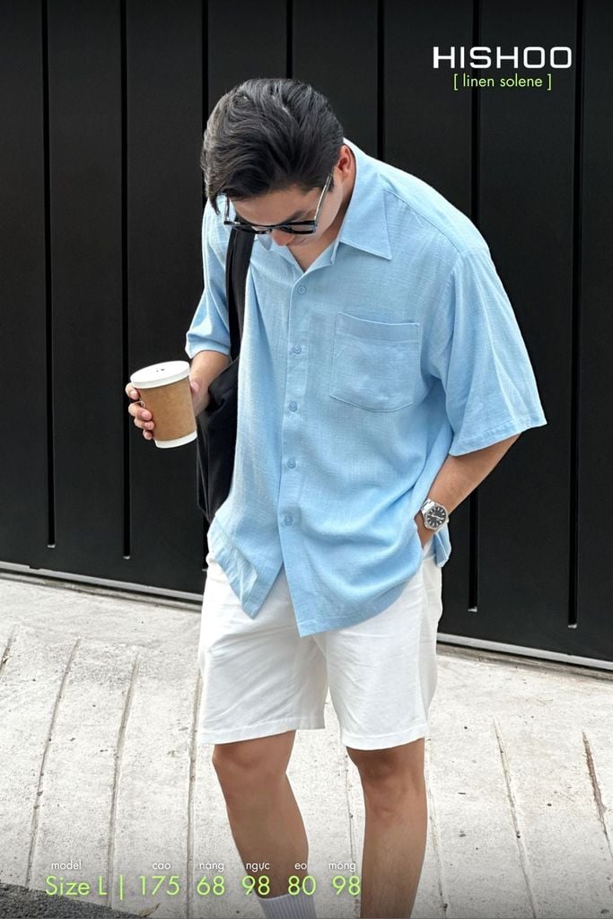 Áo Sơ Mi Nam Xanh Nhạt Relax Form Rộng, Cổ Thường, Lai Ngang Linen Solene Vải Mềm Mát HISHOO A1T003