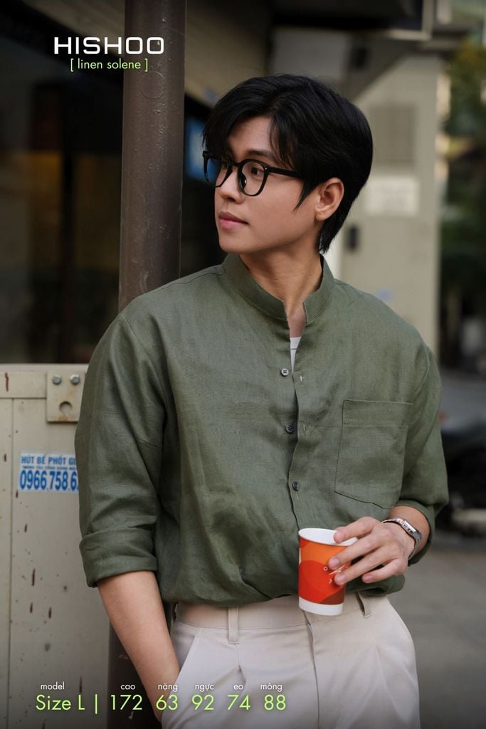 Áo Sơ Mi Nam Tay Dài Relax Form Rộng, Cổ Tàu Vuông, Lai Ngang Linen Solene Vải Mềm Mát HISHOO A2T002