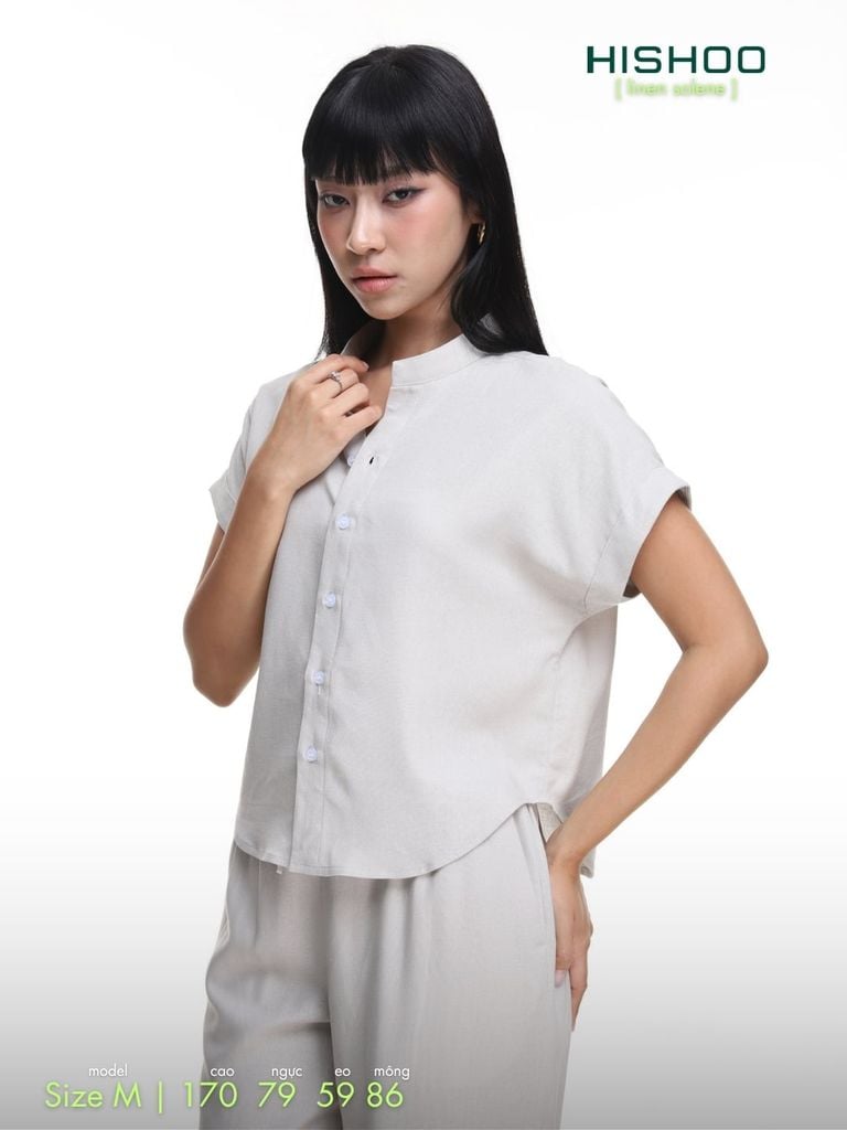 Áo Sơ Mi Nữ Tay Ngắn Relax Form Rộng, Cổ Tàu Vuông, Linen Solene Vải Mềm Mát HISHOO A4G002
