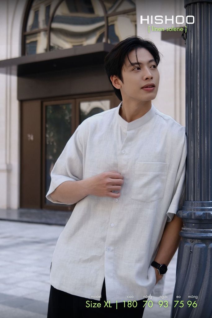Áo Sơ Mi Nam Relax Form Rộng, Cổ Tàu Vuông, Lai Ngang Linen Solene Vải Mềm Mát HISHOO A1T002