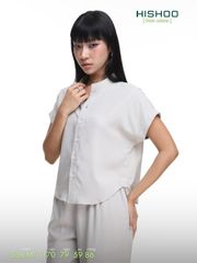 Áo Sơ Mi Xám Tro Nữ Tay Ngắn Relax Form Rộng, Cổ Tàu Vuông, Linen Solene Vải Mềm Mát HISHOO A4G002