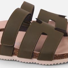 Dép đế trấu birken Xanh Olive Chữ H Sandal quai ngang bản premium HISHOO B104