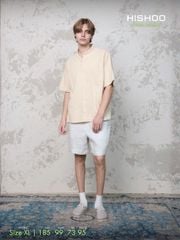 Áo Sơ Mi Nam Kem Relax Form Rộng, Cổ Tàu Vuông, Lai Ngang Linen Solene Vải Mềm Mát HISHOO A1T002