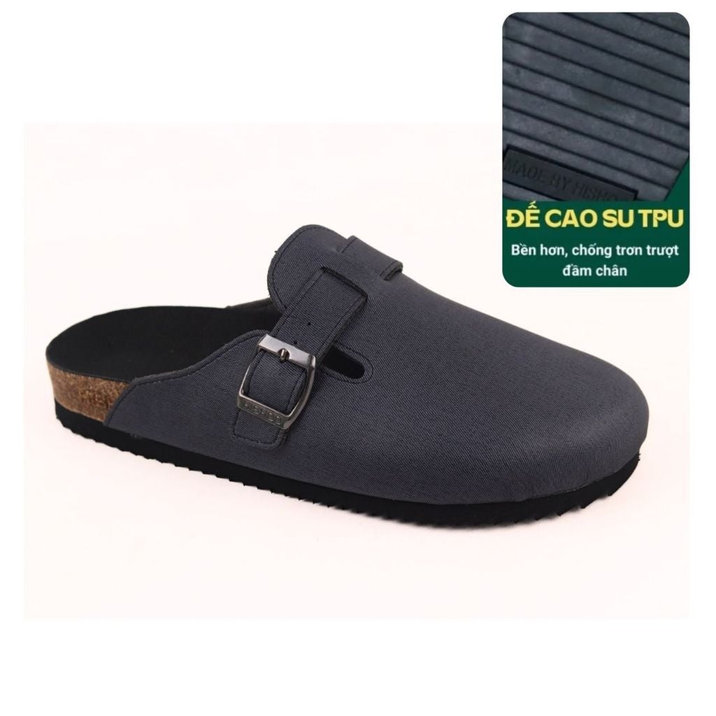 Dép đế trấu sục Boston quai ngang Xanh Dương da saffiano  HISHOO R109