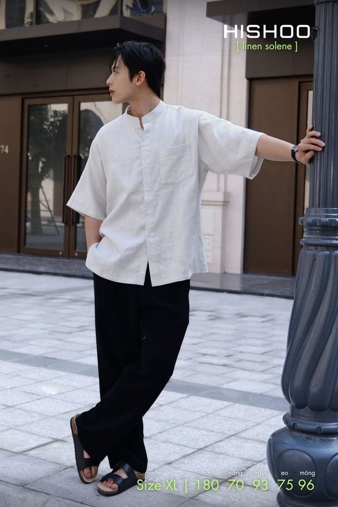 Áo Sơ Mi Nam Xám Tro Relax Form Rộng, Cổ Tàu Vuông, Lai Ngang Linen Solene Vải Mềm Mát HISHOO A1T002
