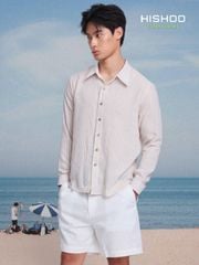 Áo Sơ Mi Trắng Sọc Nâu Nút Gỗ Tay Dài Nam Relax Form Rộng, Cổ Thường, Lai Ngang Linen Solene Vải Mềm Mát HISHOO A2T003