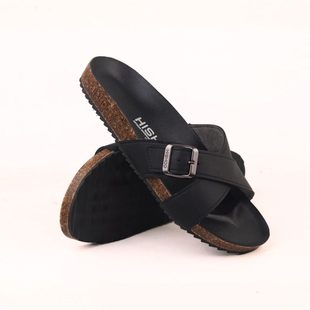 Dép đế trấu birken quai chéo [CÓ KHOÁ] MẶT ĐEN da SAFFIANO Hishoo M096