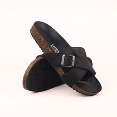 Dép đế trấu birken quai chéo [CÓ KHOÁ] MẶT ĐEN da SAFFIANO Hishoo M096