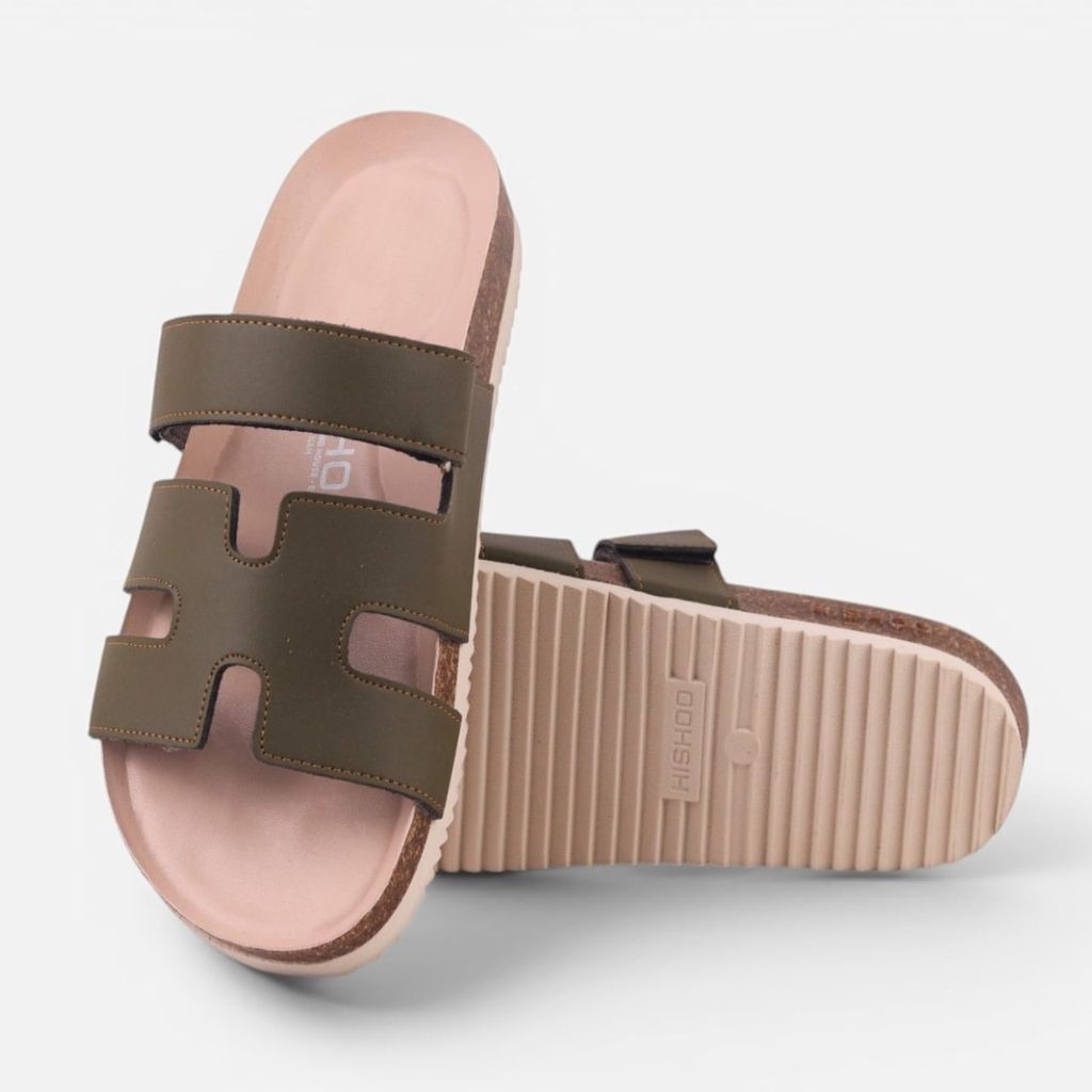 Dép đế trấu birken Xanh Olive Chữ H Sandal quai ngang bản premium HISHOO B104