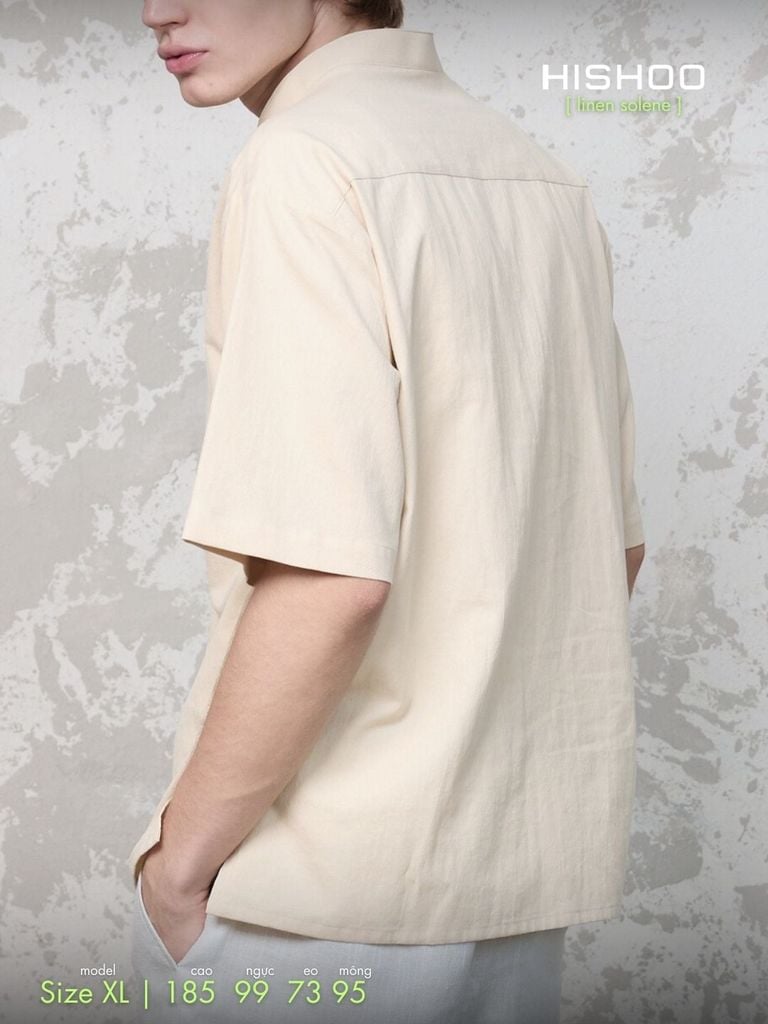 Áo Sơ Mi Nam Kem Relax Form Rộng, Cổ Tàu Vuông, Lai Ngang Linen Solene Vải Mềm Mát HISHOO A1T002