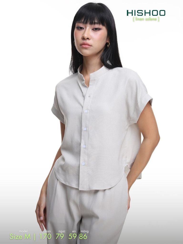 Áo Sơ Mi Xám Tro Nữ Tay Ngắn Relax Form Rộng, Cổ Tàu Vuông, Linen Solene Vải Mềm Mát HISHOO A4G002