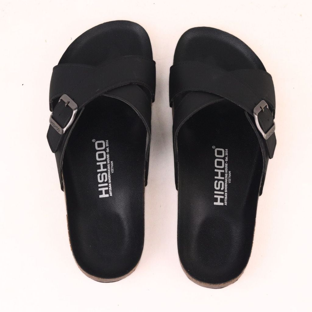 Dép đế trấu birken quai chéo [CÓ KHOÁ] MẶT ĐEN da SAFFIANO Hishoo M096