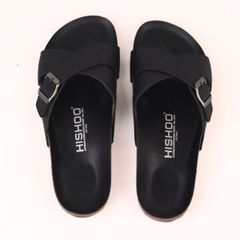 Dép đế trấu birken quai chéo [CÓ KHOÁ] MẶT ĐEN da SAFFIANO Hishoo M096