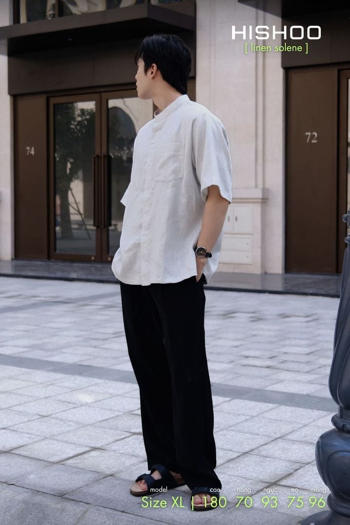 Áo Sơ Mi Nam Xám Tro Relax Form Rộng, Cổ Tàu Vuông, Lai Ngang Linen Solene Vải Mềm Mát HISHOO A1T002