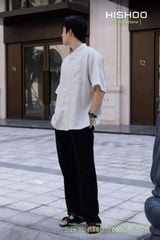 Áo Sơ Mi Nam Xám Tro Relax Form Rộng, Cổ Tàu Vuông, Lai Ngang Linen Solene Vải Mềm Mát HISHOO A1T002