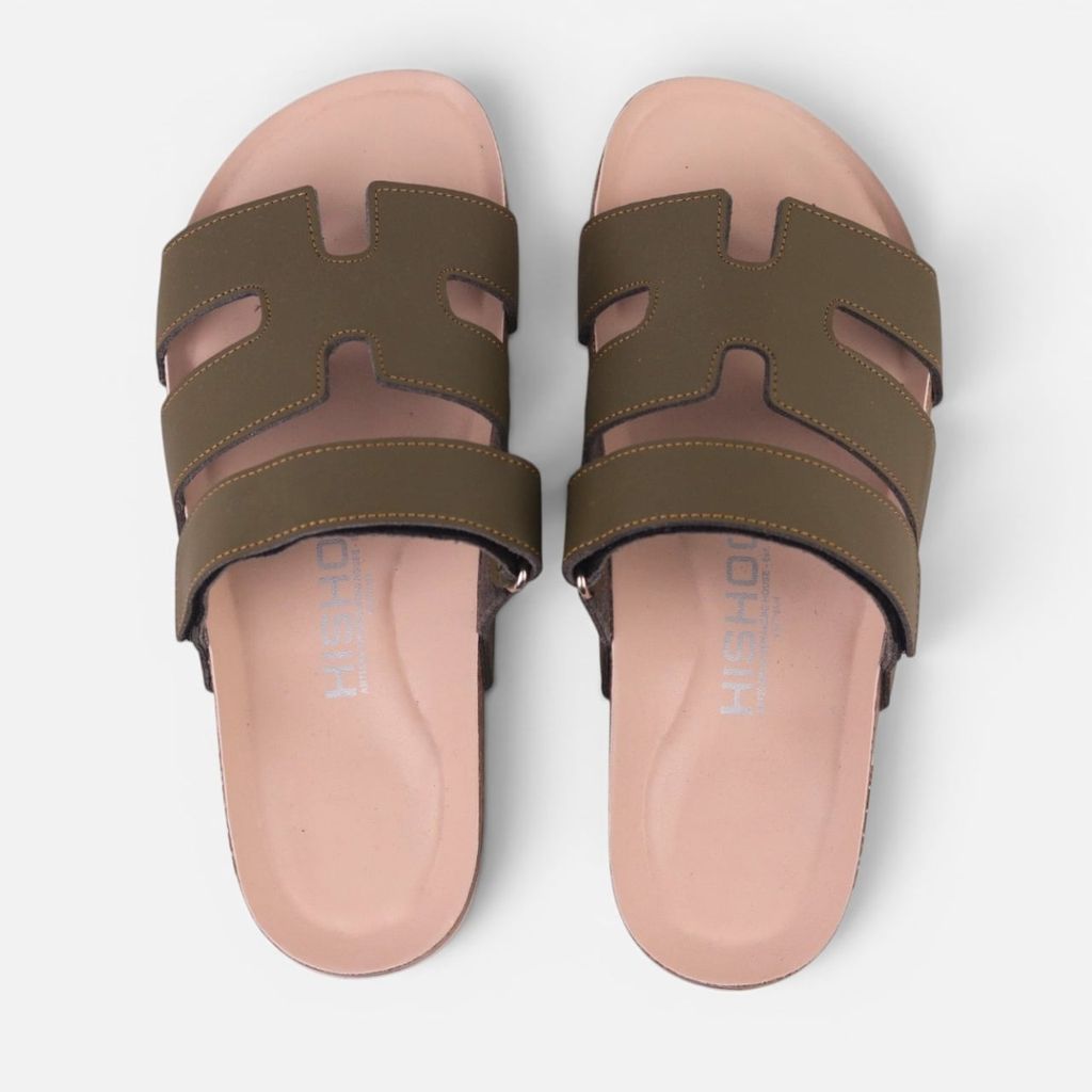 Dép đế trấu birken Xanh Olive Chữ H Sandal quai ngang bản premium HISHOO B104